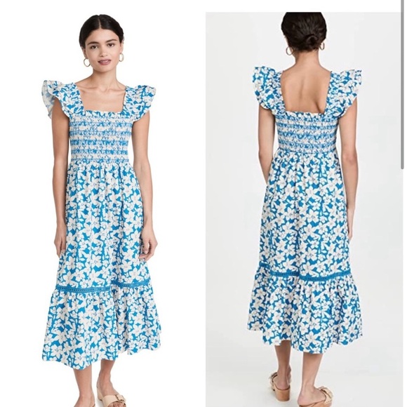Shoshanna Hilma flutter sleeve smocked midi dress size 14 - Picture 1 of 6